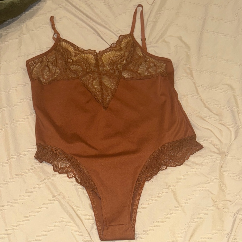 Lace Trim Satin Chemise Bodysuit in Rust - Picture 9 of 10